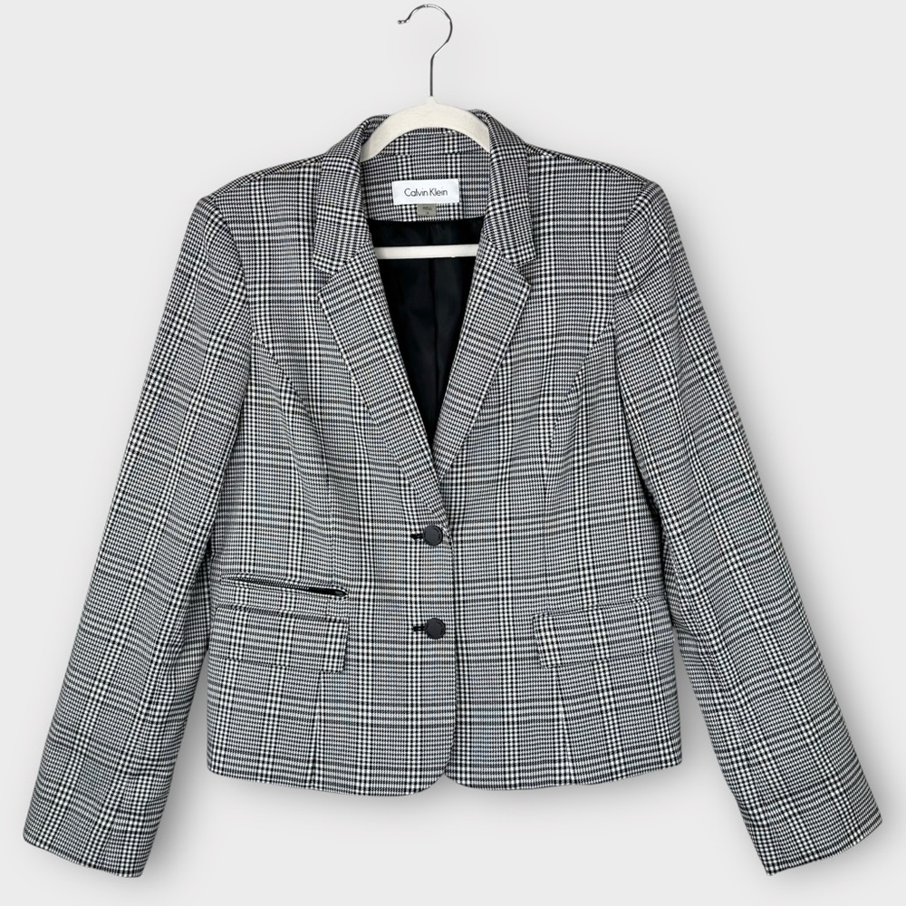 Calvin Klein Plaid Houndstooth Blazer Jacket 10 Black & White Career Office NWOT